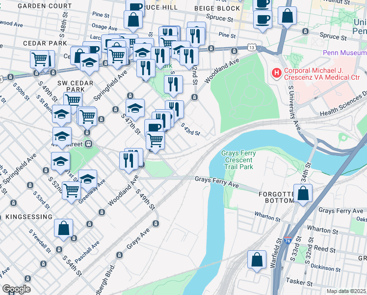 map of restaurants, bars, coffee shops, grocery stores, and more near 1375 South 46th Street in Philadelphia