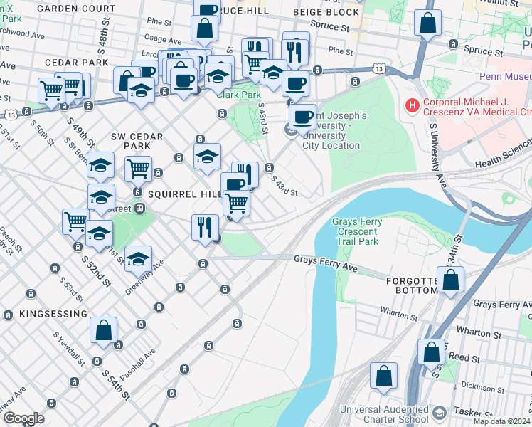 map of restaurants, bars, coffee shops, grocery stores, and more near 1354 South 46th Street in Philadelphia