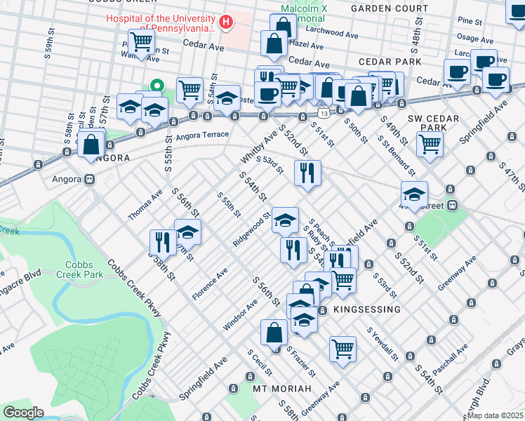 map of restaurants, bars, coffee shops, grocery stores, and more near 5416 Pentridge Street in Philadelphia