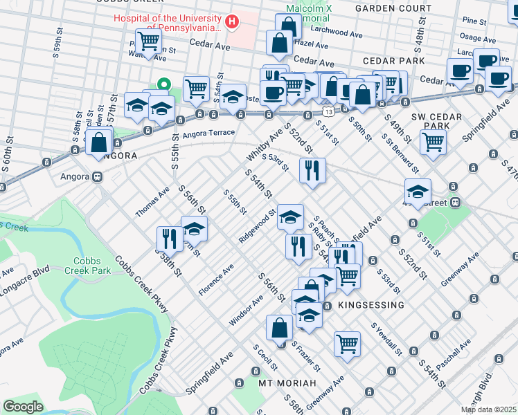map of restaurants, bars, coffee shops, grocery stores, and more near 5407 Pentridge Street in Philadelphia