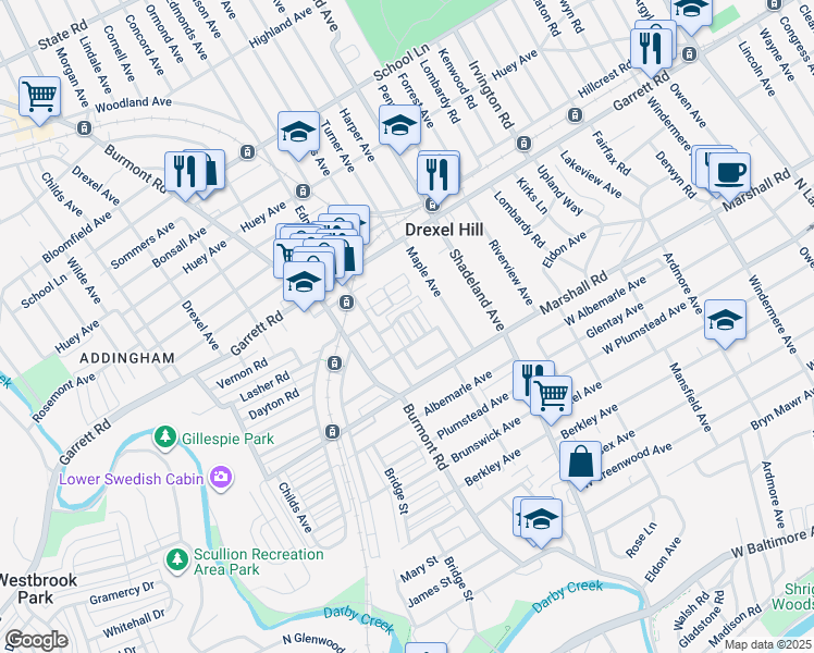 map of restaurants, bars, coffee shops, grocery stores, and more near 337 Francis Street in Drexel Hill