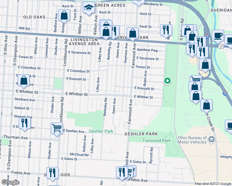 map of restaurants, bars, coffee shops, grocery stores, and more near 1132 Geers Avenue in Columbus