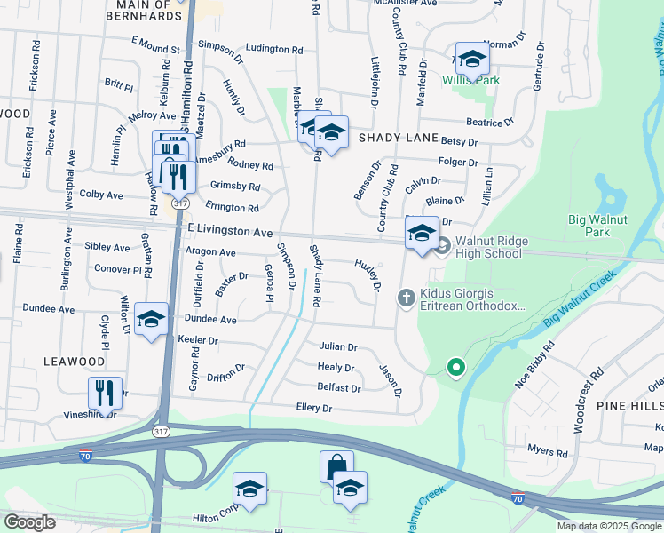 map of restaurants, bars, coffee shops, grocery stores, and more near 1569 Huxley Drive in Columbus