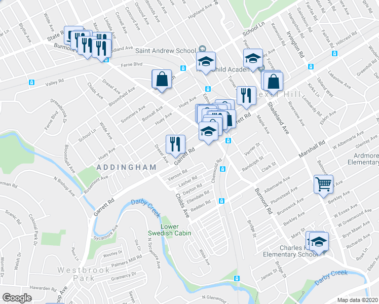 map of restaurants, bars, coffee shops, grocery stores, and more near 3854 Garrett Road in Upper Darby