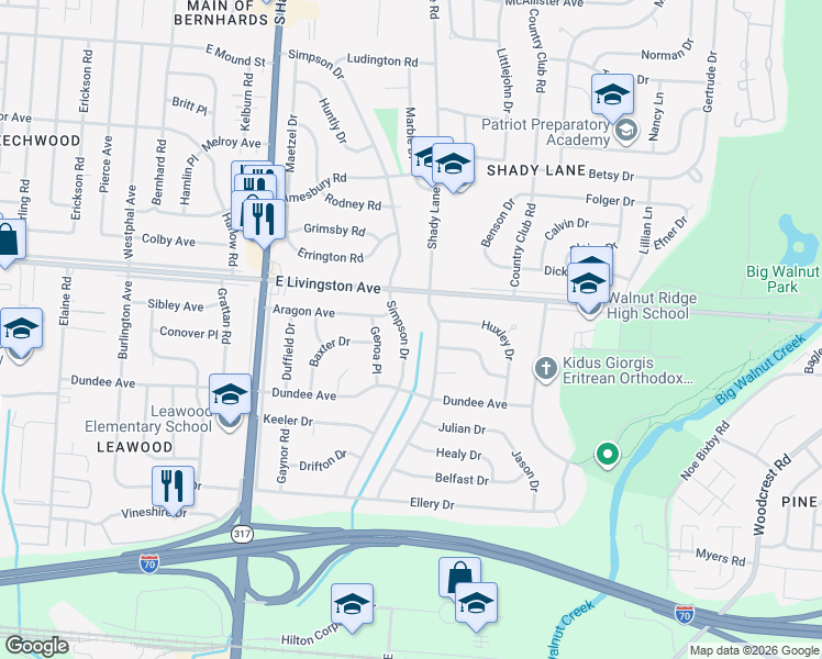 map of restaurants, bars, coffee shops, grocery stores, and more near 1572 Simpson Drive in Columbus