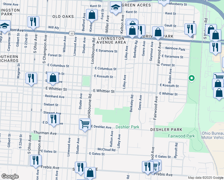 map of restaurants, bars, coffee shops, grocery stores, and more near 1340 East Whittier Street in Columbus