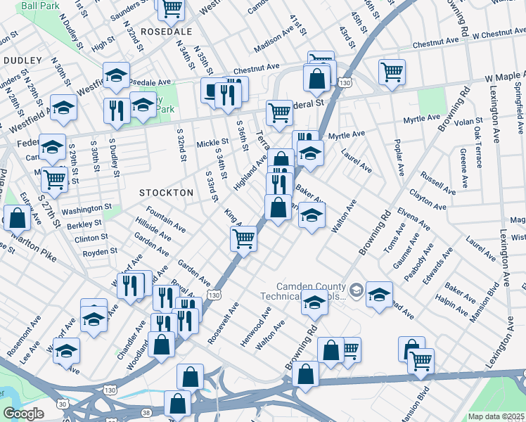 map of restaurants, bars, coffee shops, grocery stores, and more near 3743 Frosthoffer Avenue in Pennsauken Township