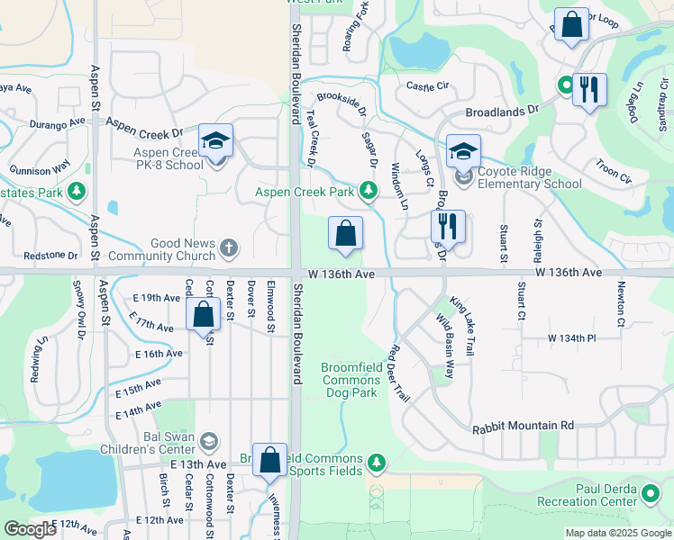 map of restaurants, bars, coffee shops, grocery stores, and more near 5083 West 136th Avenue in Broomfield