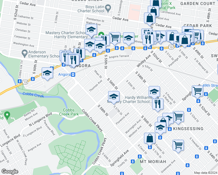 map of restaurants, bars, coffee shops, grocery stores, and more near 5624 Broomall Street in Philadelphia