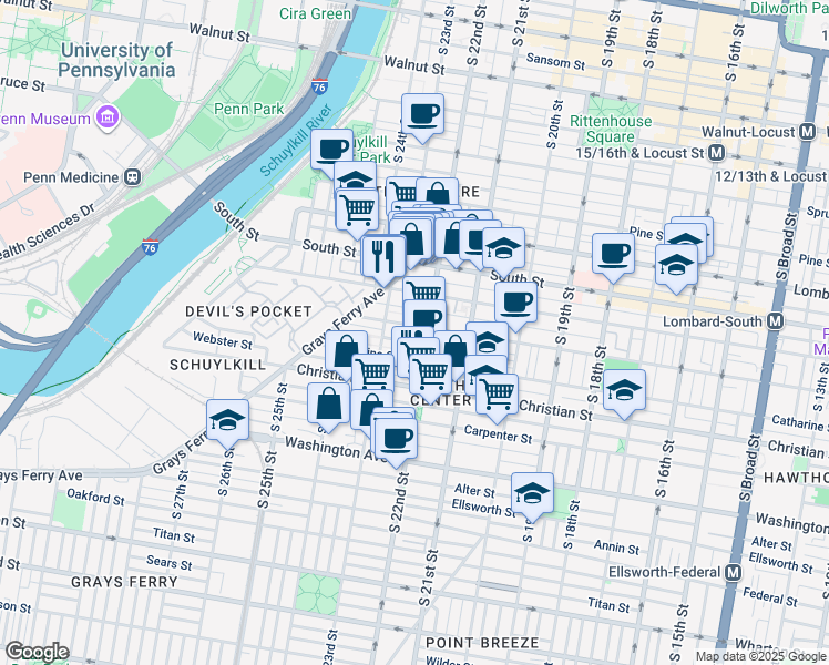 map of restaurants, bars, coffee shops, grocery stores, and more near 2212 Fitzwater Street in Philadelphia