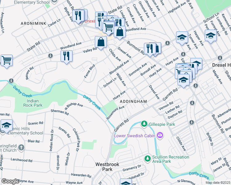 map of restaurants, bars, coffee shops, grocery stores, and more near 507 Alexander Avenue in Drexel Hill