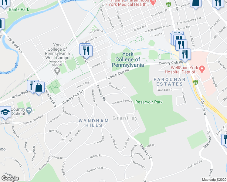 map of restaurants, bars, coffee shops, grocery stores, and more near 504 Villa Terrace in York
