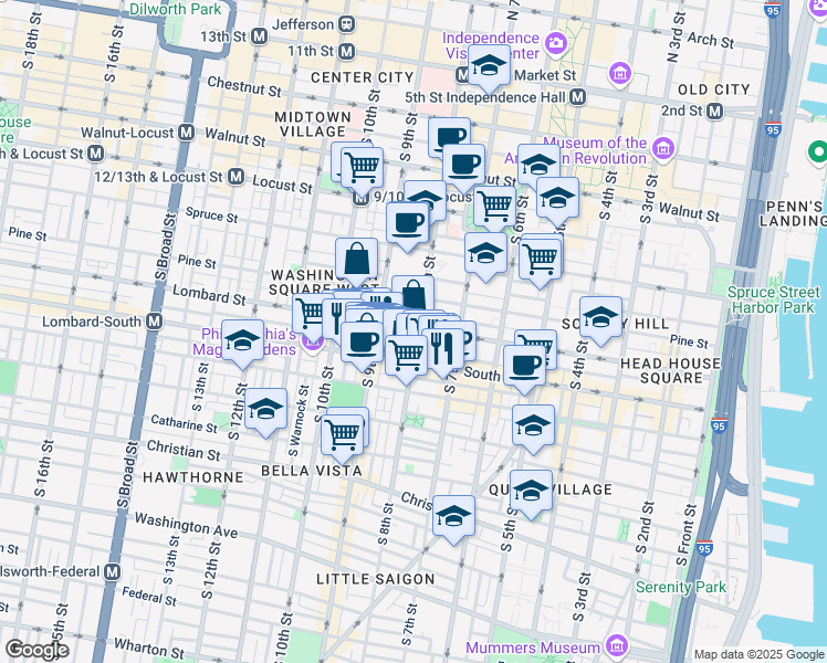 map of restaurants, bars, coffee shops, grocery stores, and more near 802 Lombard Street in Philadelphia