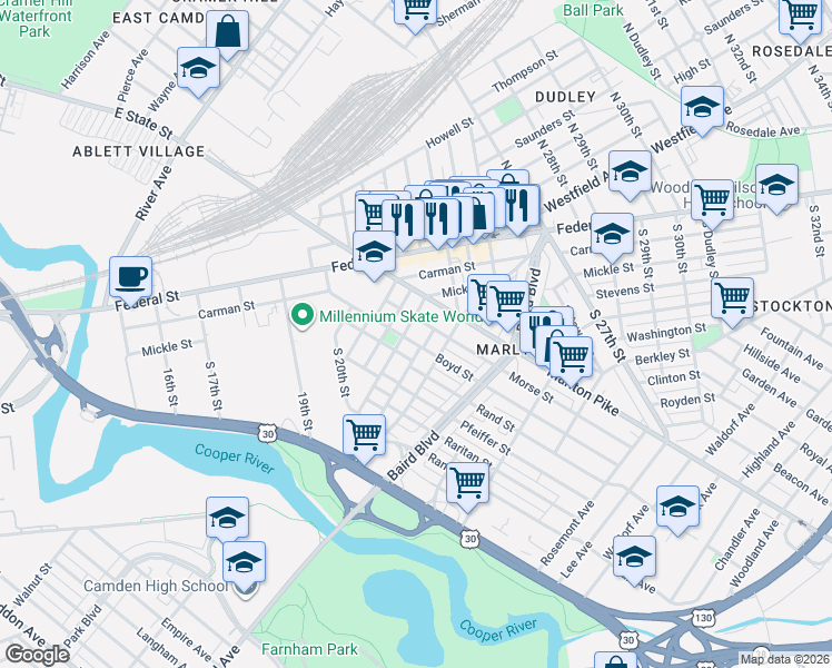 map of restaurants, bars, coffee shops, grocery stores, and more near 150 Boyd Street in Camden