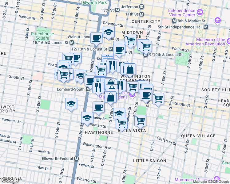 map of restaurants, bars, coffee shops, grocery stores, and more near 1201 South Street in Philadelphia