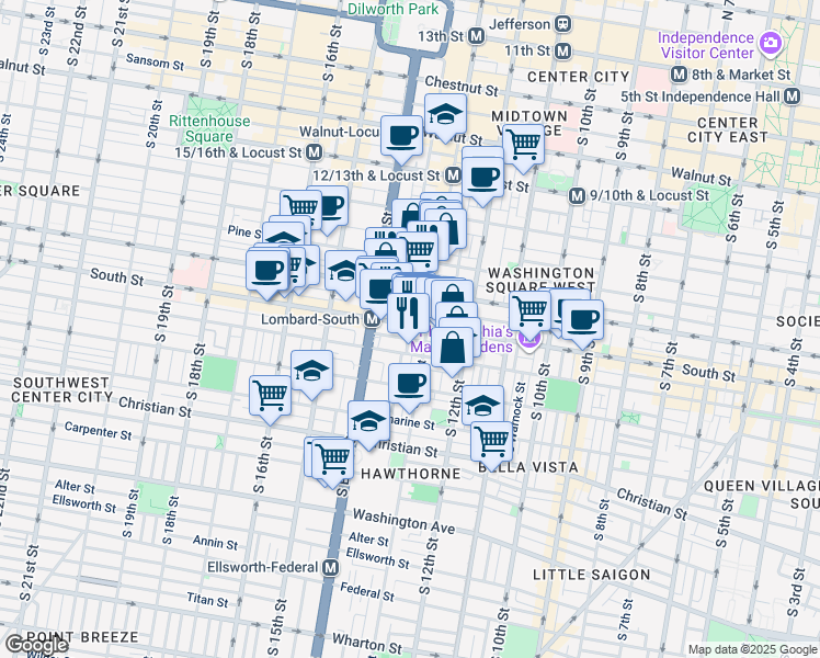map of restaurants, bars, coffee shops, grocery stores, and more near 1318 South Street in Philadelphia