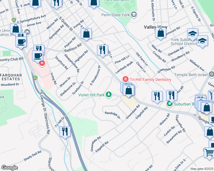 map of restaurants, bars, coffee shops, grocery stores, and more near 369 Tri Hill Drive in York