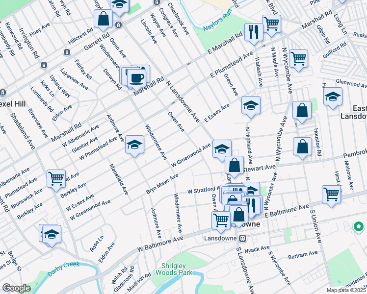 map of restaurants, bars, coffee shops, grocery stores, and more near 48 West Essex Avenue in Lansdowne