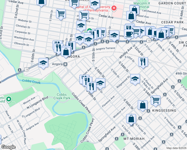 map of restaurants, bars, coffee shops, grocery stores, and more near 5634 Elliott Street in Philadelphia