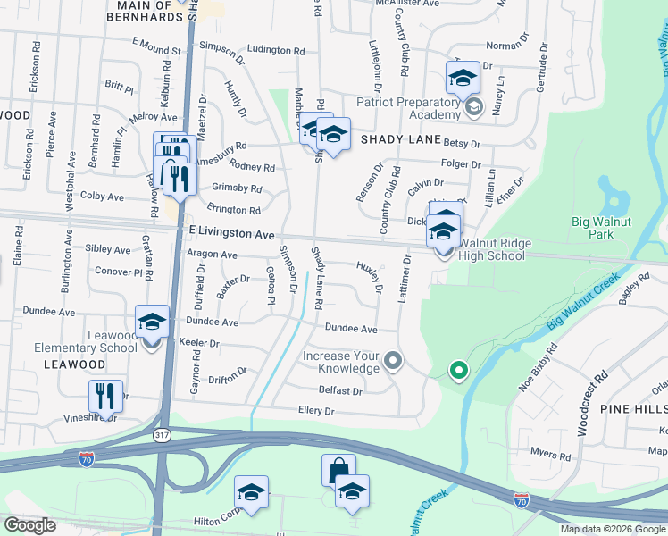 map of restaurants, bars, coffee shops, grocery stores, and more near 1569 Huxley Drive in Columbus