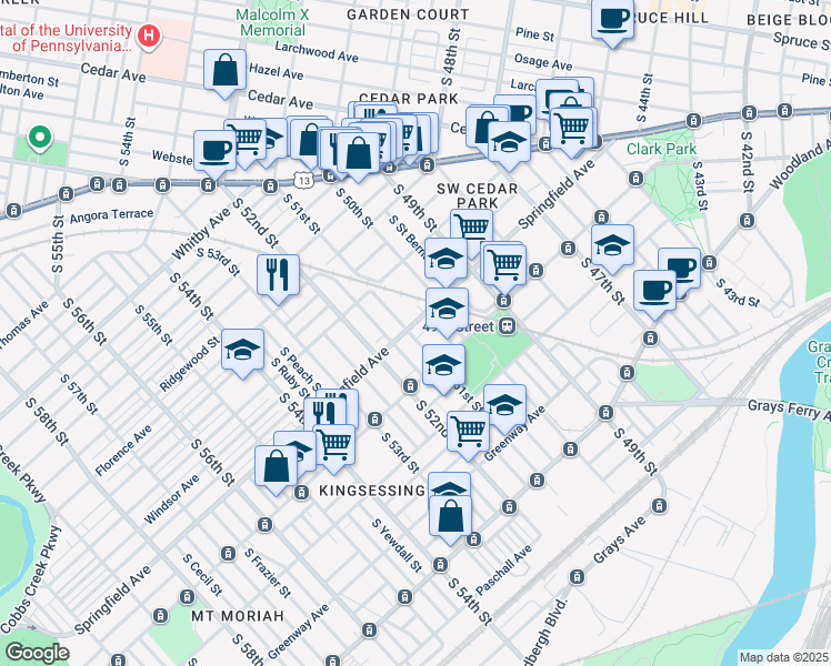 map of restaurants, bars, coffee shops, grocery stores, and more near 5038 Springfield Avenue in Philadelphia