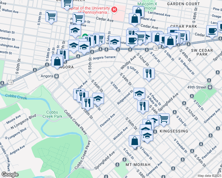 map of restaurants, bars, coffee shops, grocery stores, and more near 5518 Malcolm Street in Philadelphia