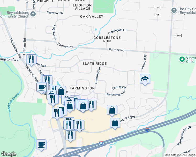 map of restaurants, bars, coffee shops, grocery stores, and more near 7949 Campton Court in Reynoldsburg