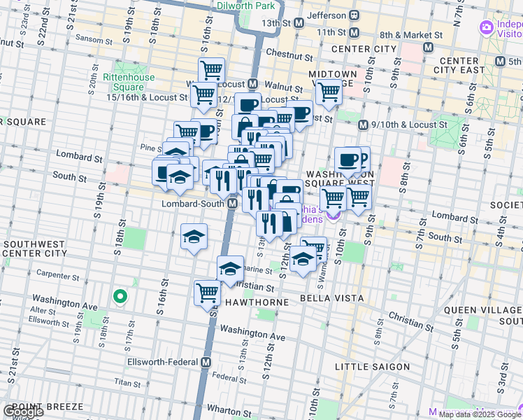 map of restaurants, bars, coffee shops, grocery stores, and more near 1310 South Street in Philadelphia