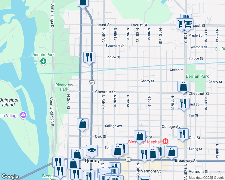 map of restaurants, bars, coffee shops, grocery stores, and more near 533 Chestnut Street in Quincy