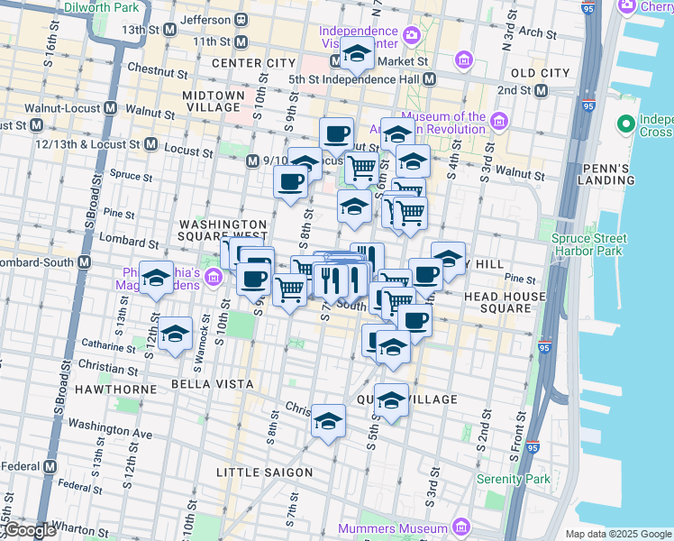 map of restaurants, bars, coffee shops, grocery stores, and more near 643 Lombard Street in Philadelphia