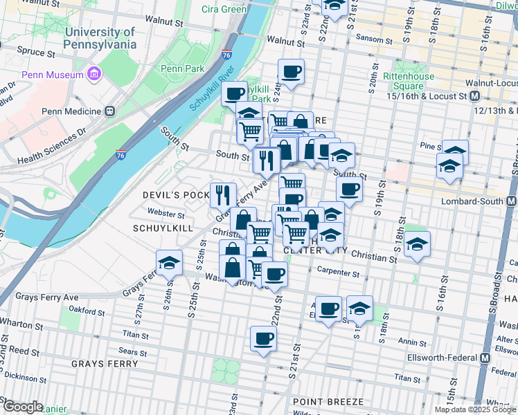 map of restaurants, bars, coffee shops, grocery stores, and more near 2313 Saint Albans Street in Philadelphia