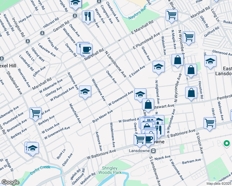 map of restaurants, bars, coffee shops, grocery stores, and more near 48 West Essex Avenue in Lansdowne