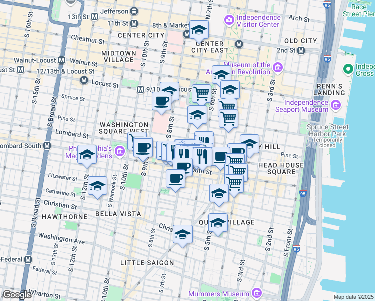 map of restaurants, bars, coffee shops, grocery stores, and more near 643 Lombard Street in Philadelphia