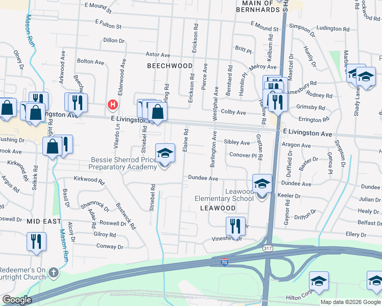 map of restaurants, bars, coffee shops, grocery stores, and more near Bay Court in Columbus