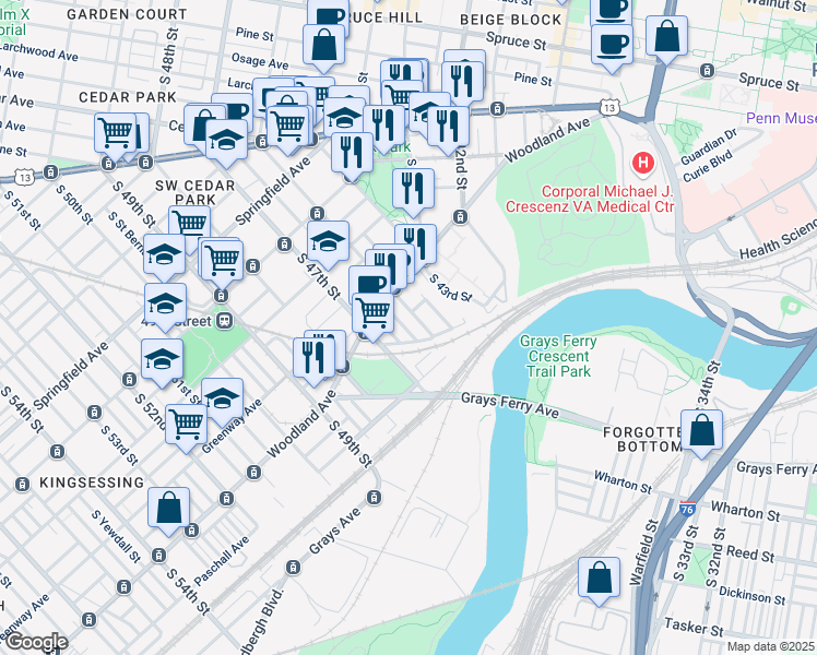map of restaurants, bars, coffee shops, grocery stores, and more near 1343 South Markoe Street in Philadelphia