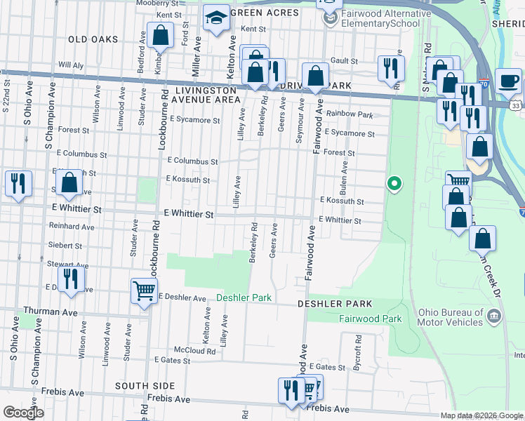map of restaurants, bars, coffee shops, grocery stores, and more near 1124 Berkeley Road in Columbus