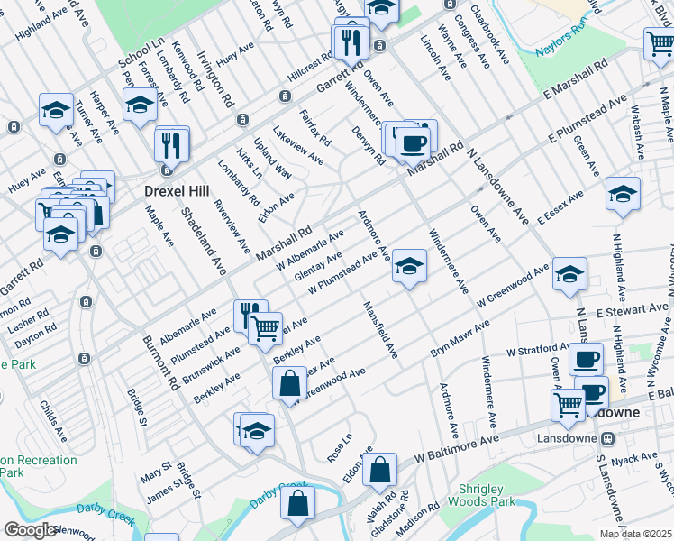 map of restaurants, bars, coffee shops, grocery stores, and more near 185 West Plumstead Avenue in Lansdowne