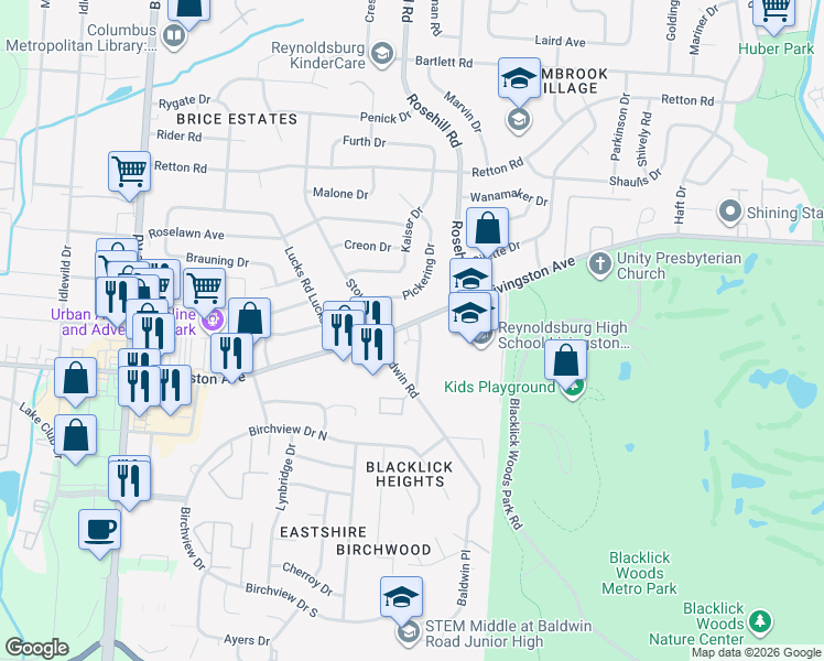map of restaurants, bars, coffee shops, grocery stores, and more near 1850 Stouder Drive in Reynoldsburg