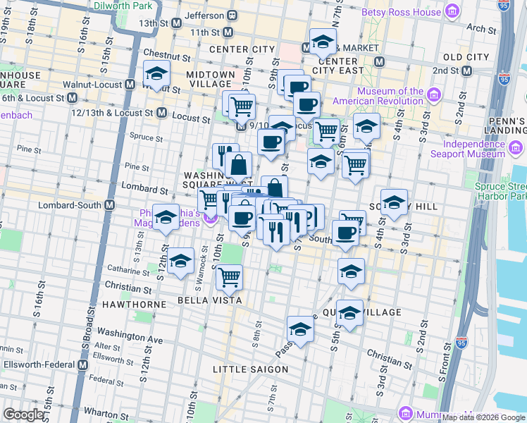 map of restaurants, bars, coffee shops, grocery stores, and more near 822 Lombard Street in Philadelphia