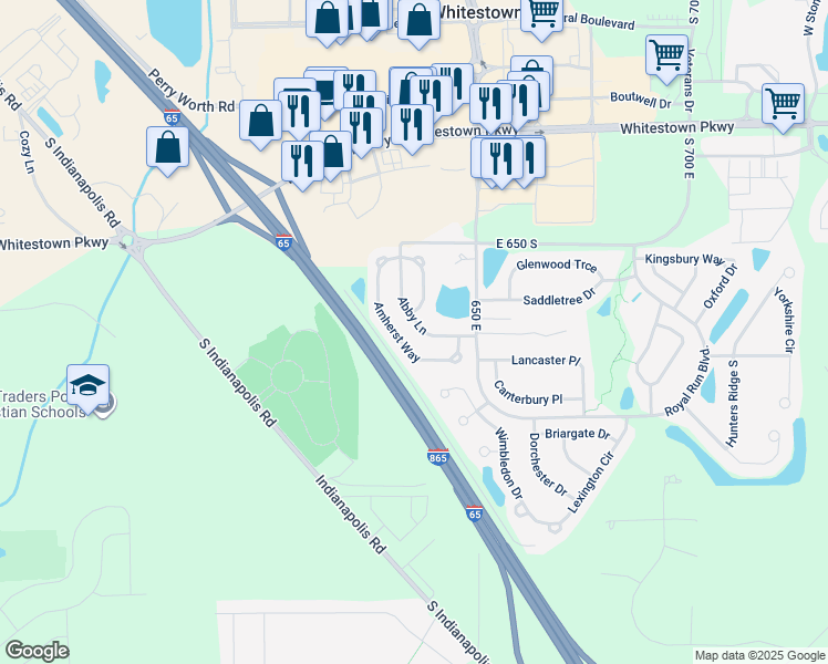 map of restaurants, bars, coffee shops, grocery stores, and more near 6538 Abby Lane in Zionsville