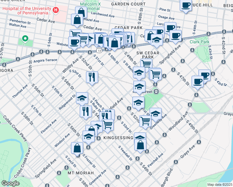 map of restaurants, bars, coffee shops, grocery stores, and more near 1133 South 52nd Street in Philadelphia