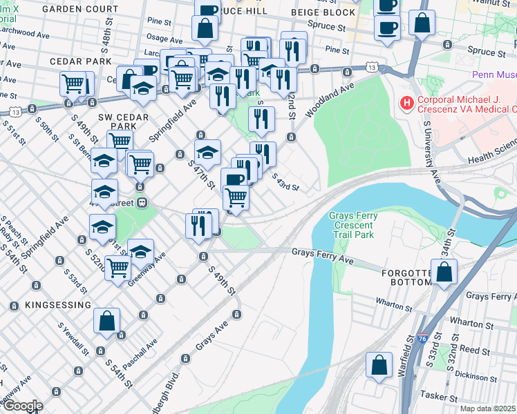map of restaurants, bars, coffee shops, grocery stores, and more near 1343 South Markoe Street in Philadelphia