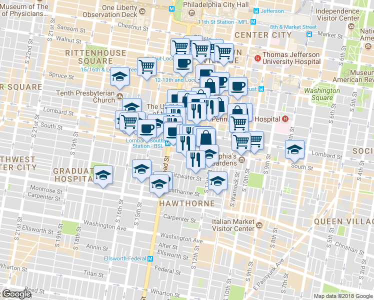 map of restaurants, bars, coffee shops, grocery stores, and more near 1318 South Street in Philadelphia