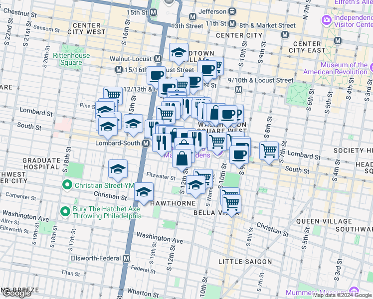 map of restaurants, bars, coffee shops, grocery stores, and more near 1217 South Street in Philadelphia
