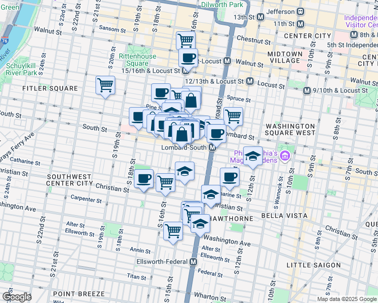 map of restaurants, bars, coffee shops, grocery stores, and more near 612 South 15th Street in Philadelphia