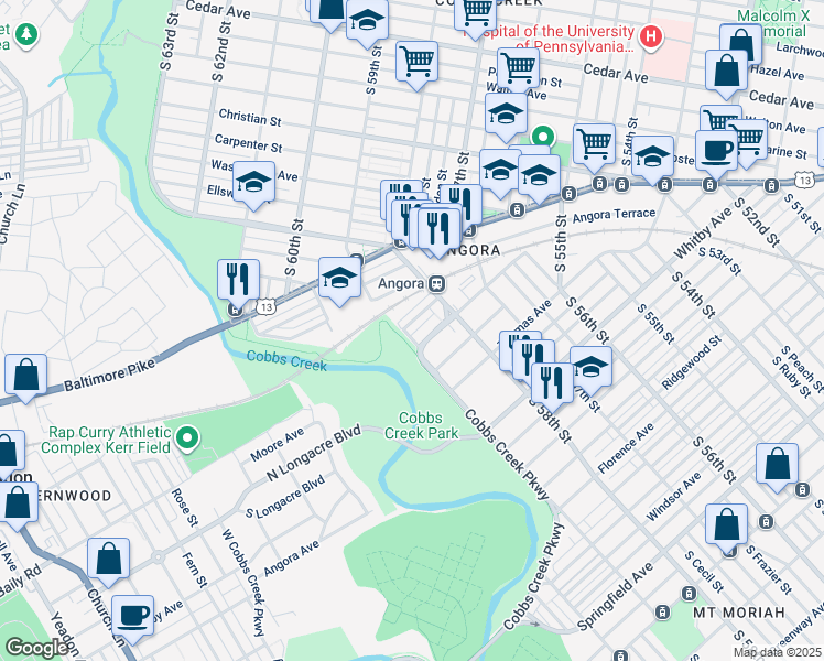 map of restaurants, bars, coffee shops, grocery stores, and more near 5852 Fernwood Street in Philadelphia