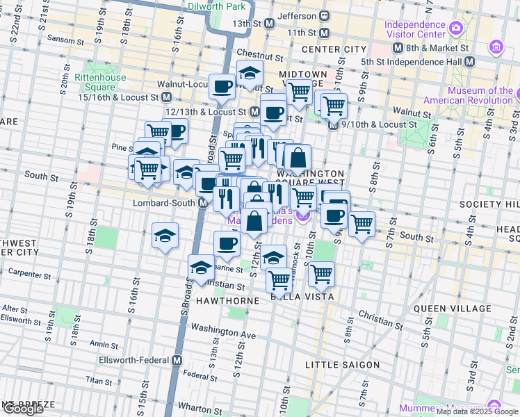 map of restaurants, bars, coffee shops, grocery stores, and more near 1219 South Street in Philadelphia