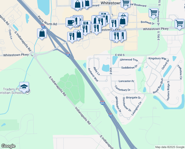 map of restaurants, bars, coffee shops, grocery stores, and more near Amherst Way in Zionsville