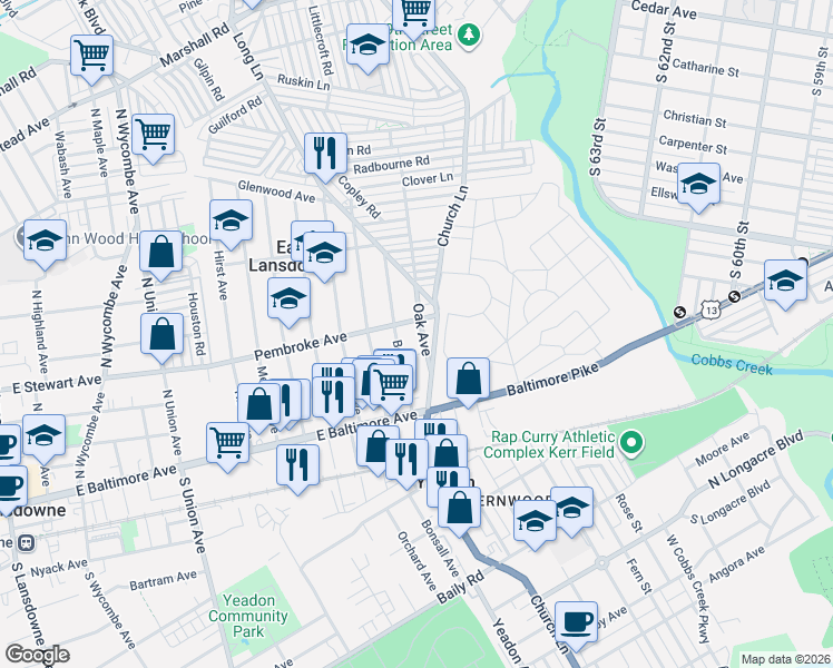 map of restaurants, bars, coffee shops, grocery stores, and more near 1016 Pembroke Avenue in East Lansdowne