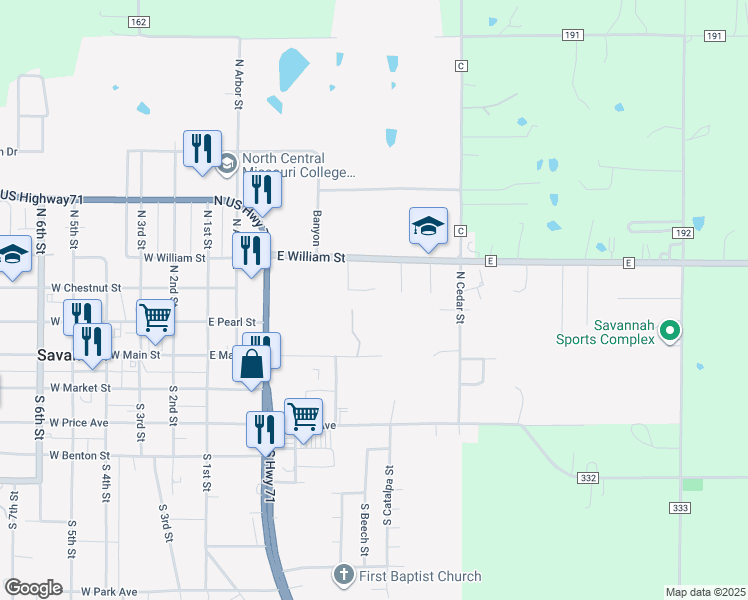 map of restaurants, bars, coffee shops, grocery stores, and more near 208 North Birch Street in Savannah